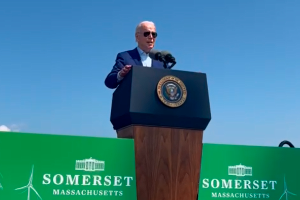 Biden giving a speech in the offshore windfarm